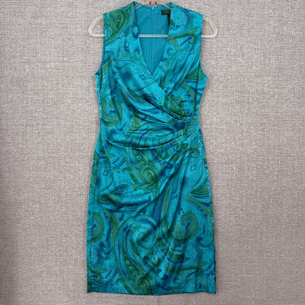 Ralph Lauren Paisley Satin Sheath Dress Womens 4 Teal Green Ruched Sleeveless